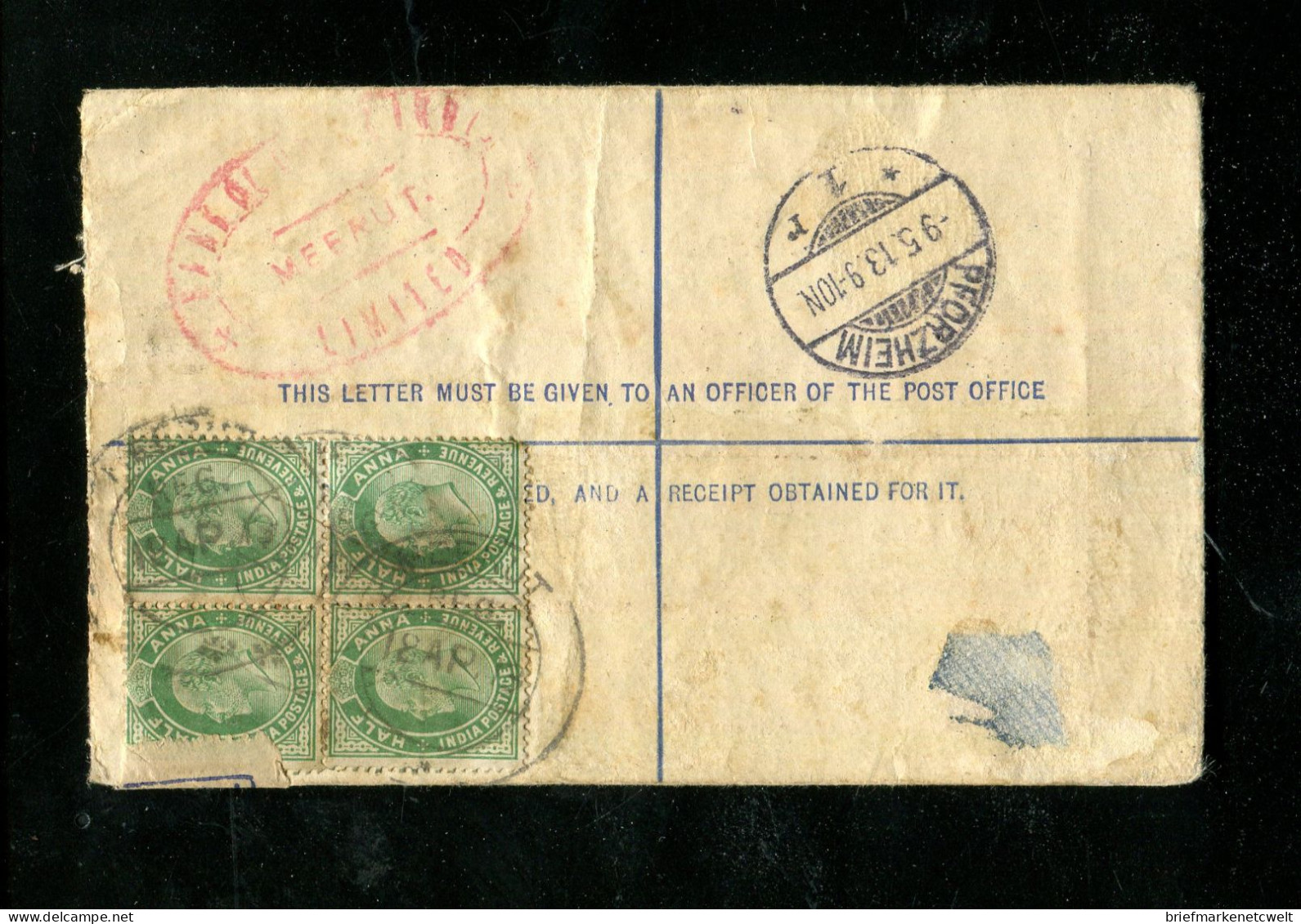 "INDIEN" 1913, Reco-Ganzsachenumschlag Mit Zusatzfrankatur Ex MERRUT Nach Pforzheim (20011) - Enveloppes