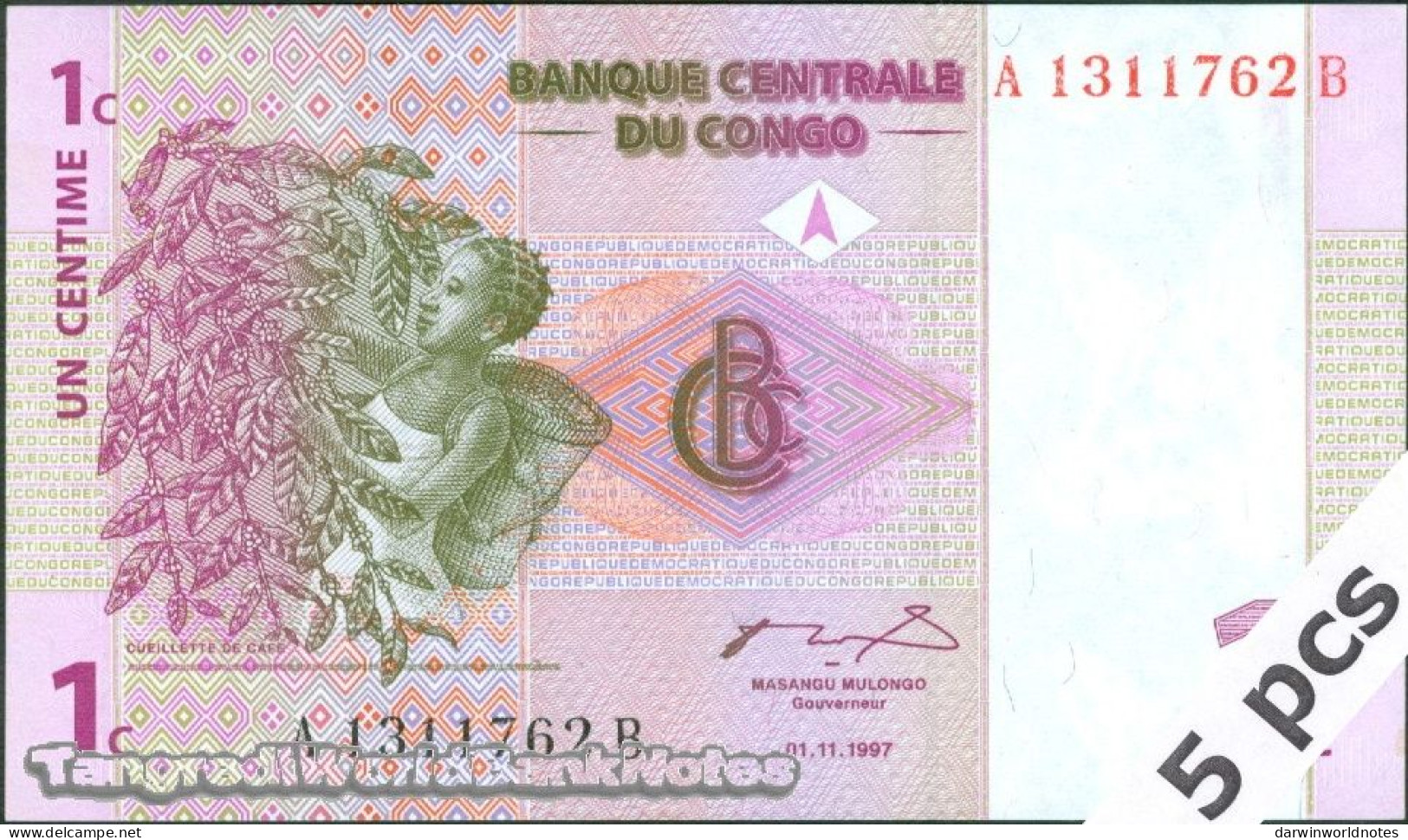 DWN - CONGO DEMOCRATIC REPUBLIC P.80a - 1 Centime 1997 UNC - Various Prefixes DEALERS LOT X 5 - Democratic Republic Of The Congo & Zaire