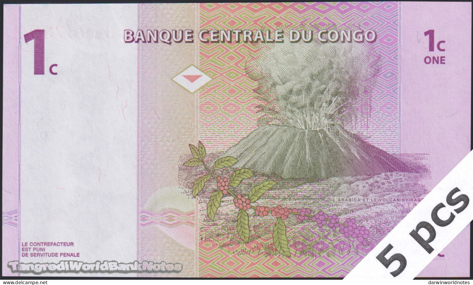 DWN - CONGO DEMOCRATIC REPUBLIC P.80a - 1 Centime 1997 UNC Replacement A XXXXXXX Z  - Various Prefixes DEALERS LOT X 5 - République Démocratique Du Congo & Zaïre