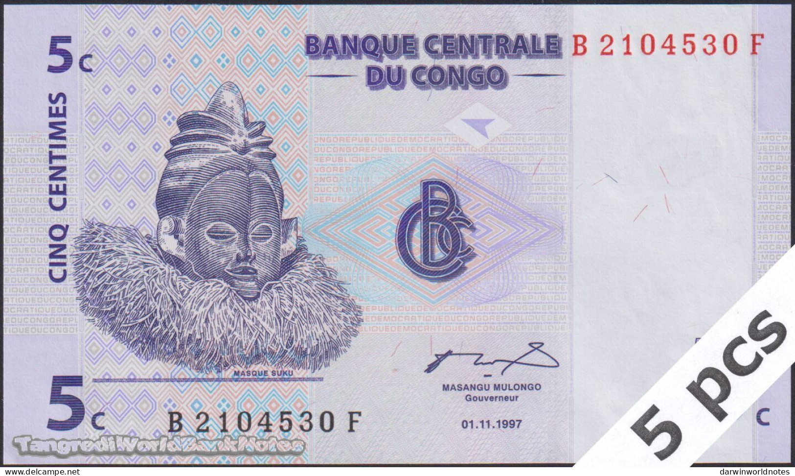 DWN - CONGO DEMOCRATIC REPUBLIC P.81a - 5 Centimes 1997 UNC - Various Prefixes DEALERS LOT X 5 - République Démocratique Du Congo & Zaïre