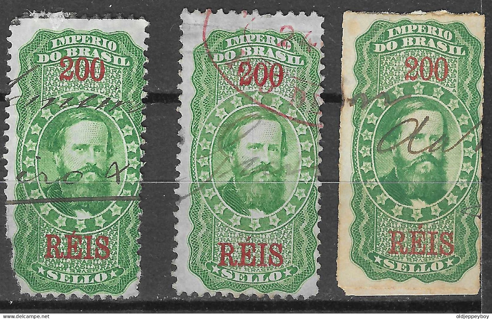 3 X BRAZIL BRASIL 1890 IMPERIO  TESOURO NACIONAL  TAX REVENUE FISCAL 200 REIS - Dienstzegels