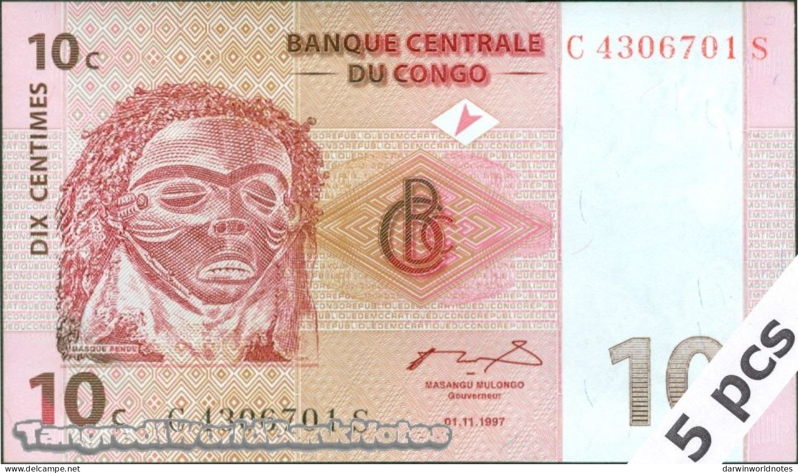 DWN - CONGO DEMOCRATIC REPUBLIC P.82a - 10 Centimes 1997 UNC - Various Prefixes DEALERS LOT X 5 - Democratic Republic Of The Congo & Zaire