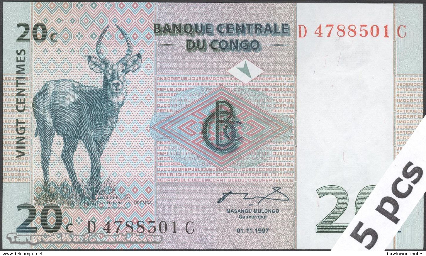 DWN - CONGO DEMOCRATIC REPUBLIC P.83a - 20 Centimes 1997 UNC - Various Prefixes DEALERS LOT X 5 - Democratic Republic Of The Congo & Zaire