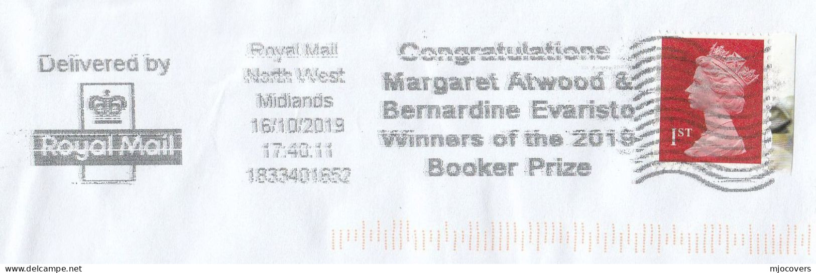 2018 BOOKER PRIZE Cover ATWOOD EVARISTO WINNERS  SLOGAN GB Stamps Literature Event - Lettres & Documents