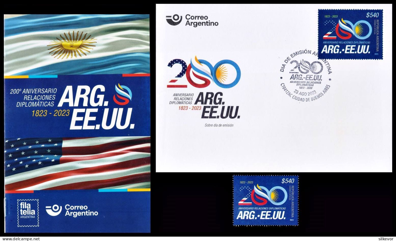 ARGENTINA-2023-BICENTENNIAL DIPLOMATIC RELATIONS-1823-2023-ARG.EE.UU.MNH + FDC + DESCRIPTIVE PHILATELIC BROCHURE!! - Covers