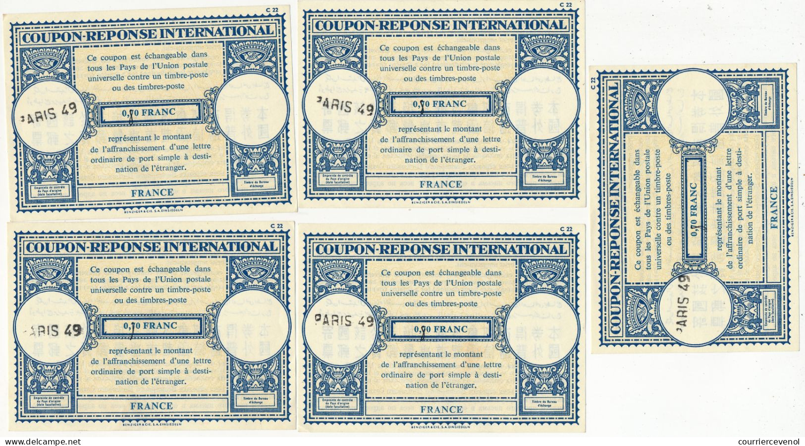 Lot 5 Coupons Réponse 0,70 Franc Avec Correction 0,80 Au Stylo - Délivrés à Paris 49 - Etat TTB - Buoni Risposte