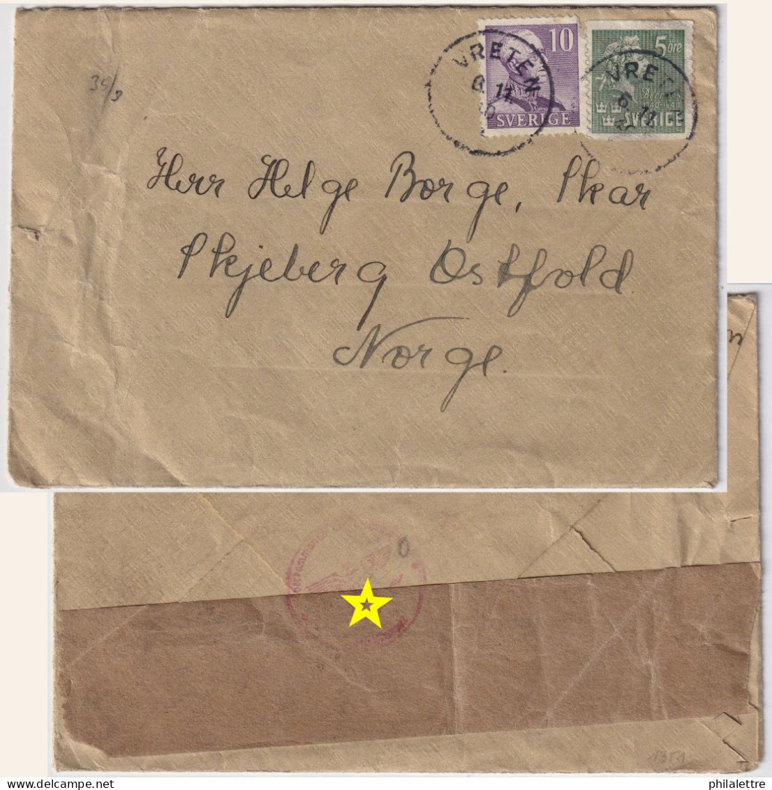 SWEDEN To NORWAY - 1940 - German Censor Tape On Cover From Vreten To Skjeberg - Franked Facit 273C (type II) &324A - Covers & Documents