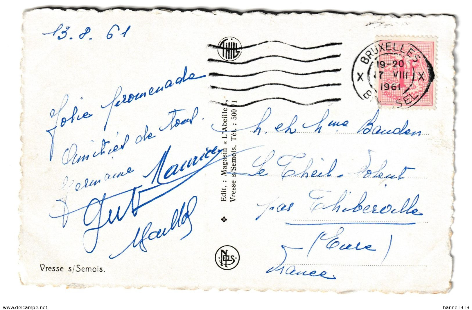 Vresse Sur Semois Photo Carte Cachet 1961 Bruxelles Htje - Vresse-sur-Semois