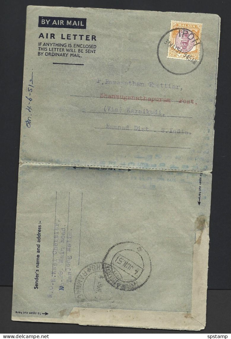 Malaya 1951 Aerogramme Commercially Used Ipoh To Shanmuganathapuram India , 25c Sultan Franking - Malayan Postal Union