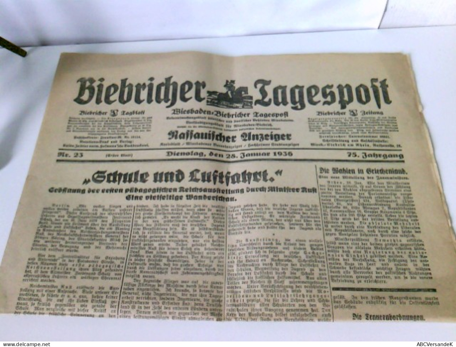 Biebricher Tagespost 28. Januar 1936. Wiesbaden - Biebricher Tagespost/ Nassauischer Anzeiger - Hesse