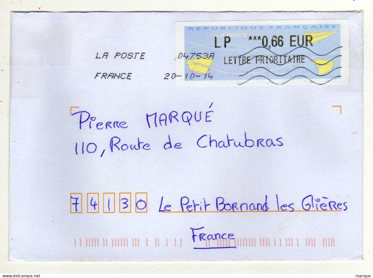 Enveloppe FRANCE Avec Vignette Affranchissement Lettre Prioritaire Oblitération LA POSTE 20/10/2014 - 2000 Type « Avions En Papier »