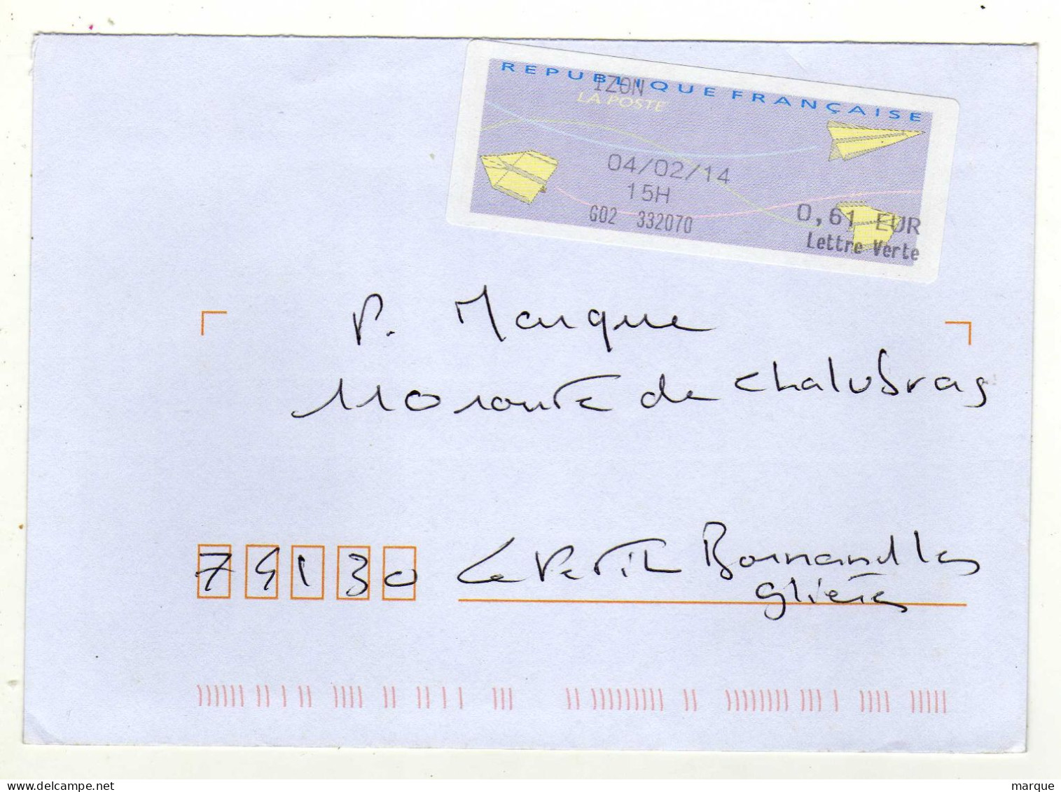 Enveloppe FRANCE Avec Vignette Affranchissement Lettre Verte IZON 04/02/2014 - 2000 « Avions En Papier »