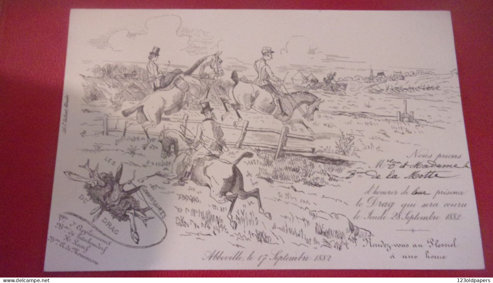RARE INVITATION AU DRAG ( Sport Equestre Simulant Chasse)  1882 ABBEVILLE FAMILLE DE LA MOTTE PLESSIEL LITHO PAILLART C - Autres & Non Classés