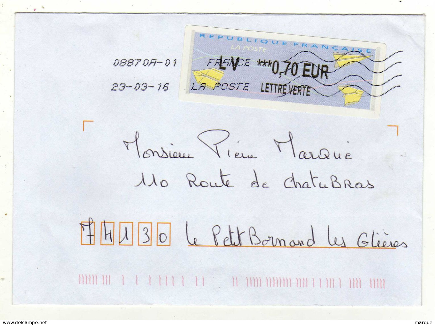 Enveloppe FRANCE Avec Vignette Affranchissement Lettre Verte Oblitération LA POSTE 08870A-01 23/03/2016 - 2000 « Avions En Papier »
