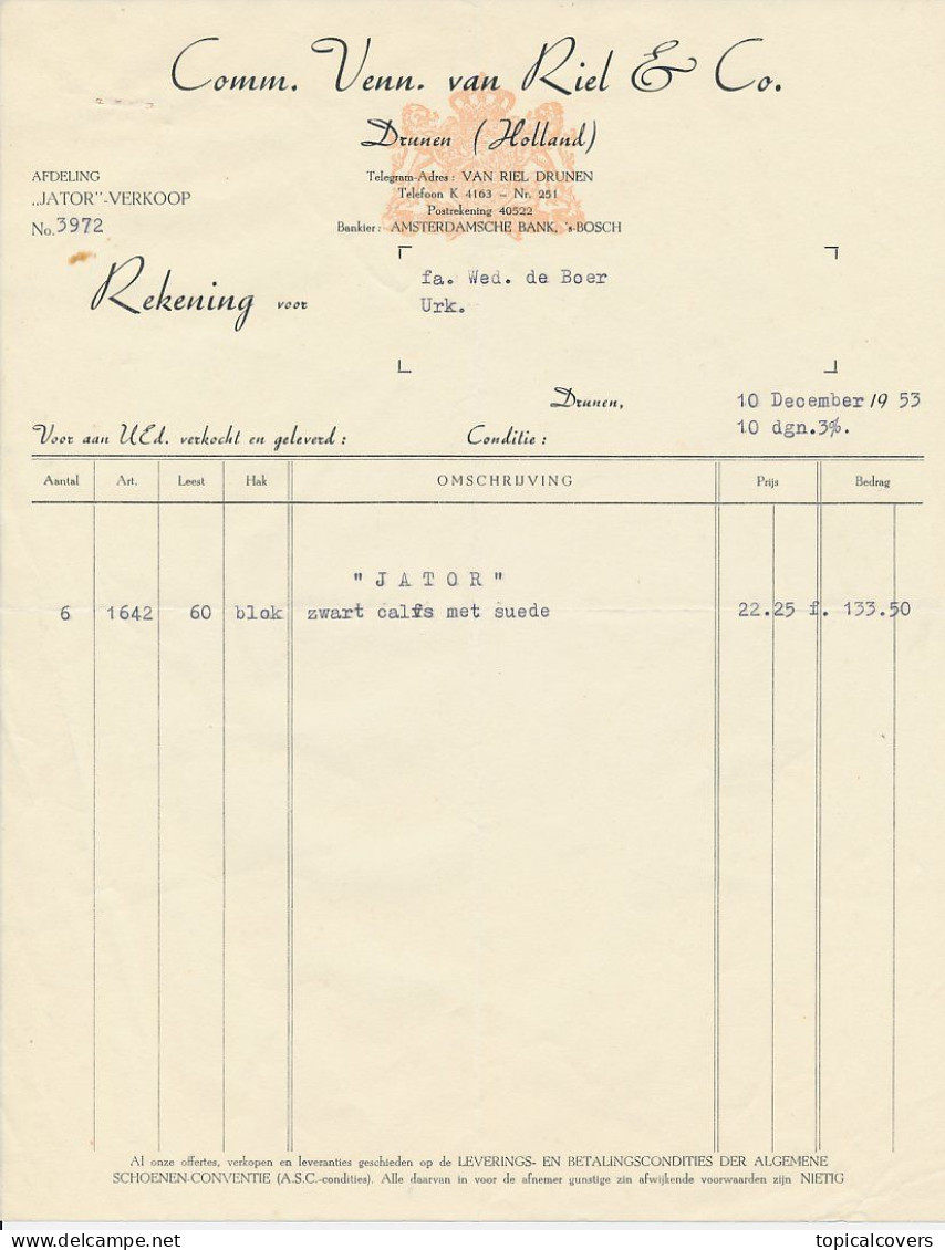 Drunen 1953 - Factuur / Rekening Van Riel & Co. - Nederland