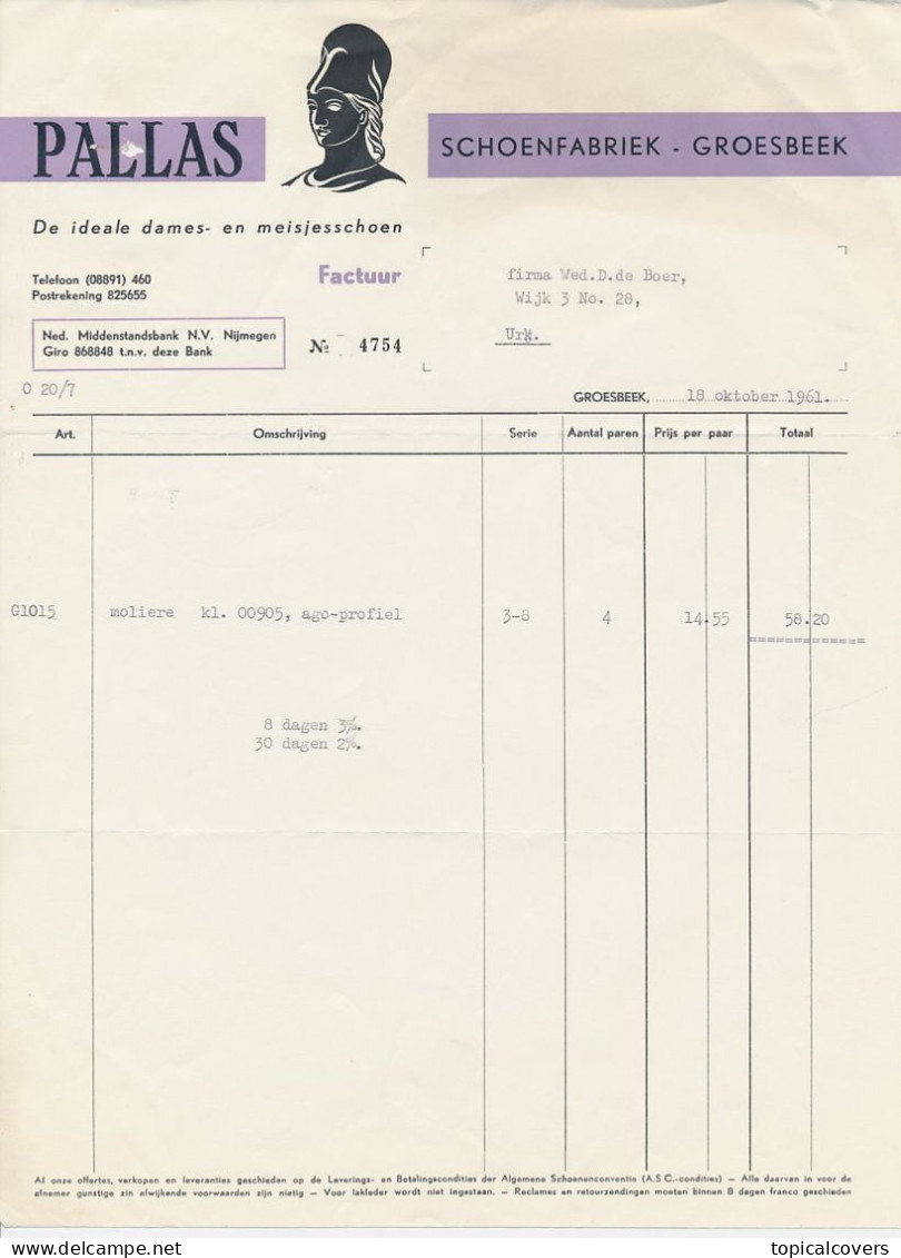 Groesbeek 1961 - Factuur / Rekening Pallas Schoenfabriek - Paesi Bassi