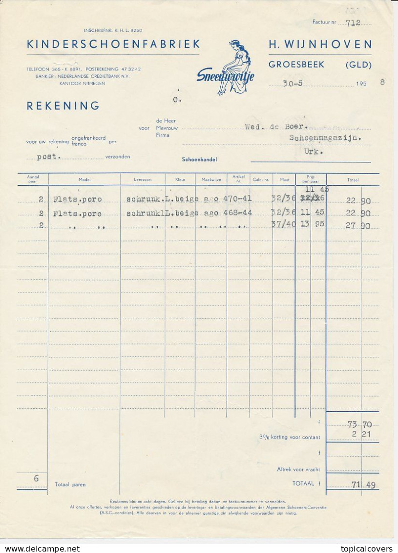 Groesbeek 1968 - Factuur / Rekening Sneeuwwitje Schoenfabriek - Paesi Bassi