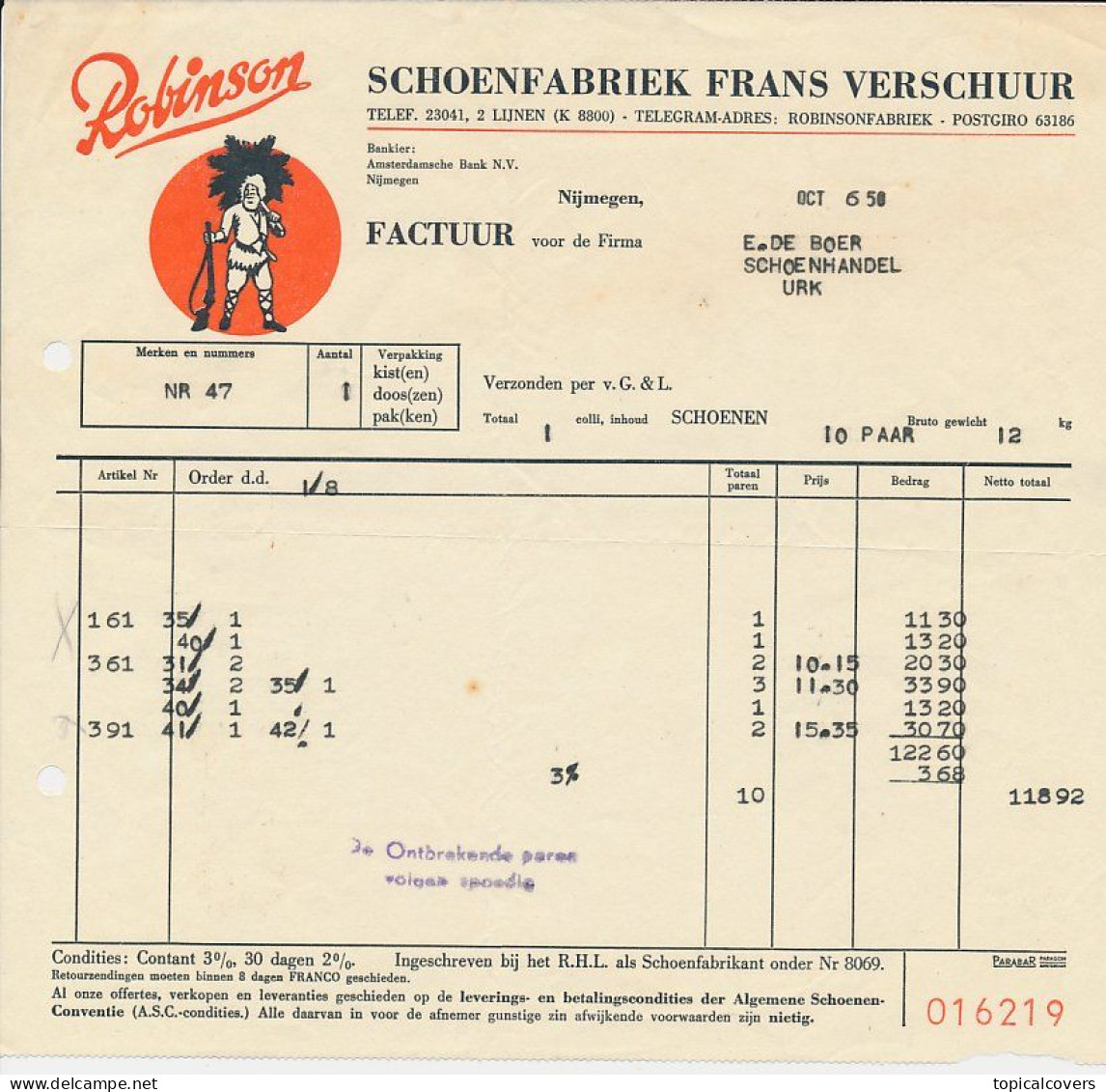 Nijmegen 1950 - Factuur / Rekening Robinson Schoenfabriek - Paesi Bassi