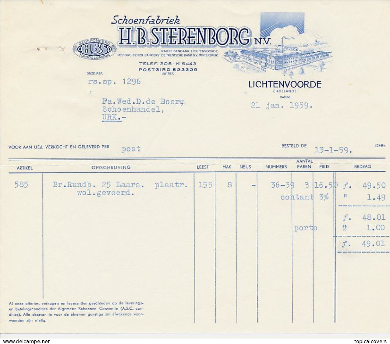 Lichtenvoorde 1959 - Factuur / Rekening Sterenborg Schoenfabriek - Netherlands