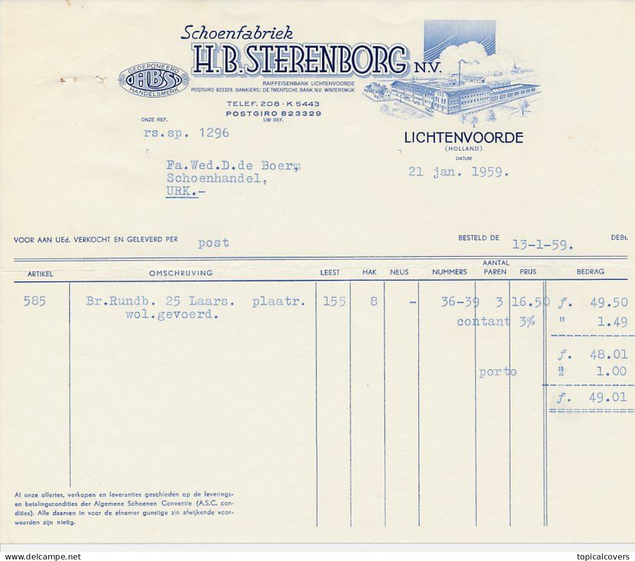 Lichtenvoorde 1959 - Factuur / Rekening Sterenborg Schoenfabriek - Paesi Bassi