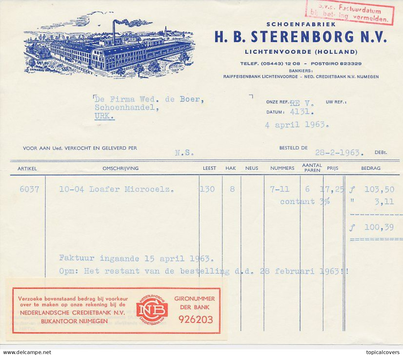 Lichtenvoorde 1963 - Factuur / Rekening Sterenborg Schoenfabriek - Paesi Bassi