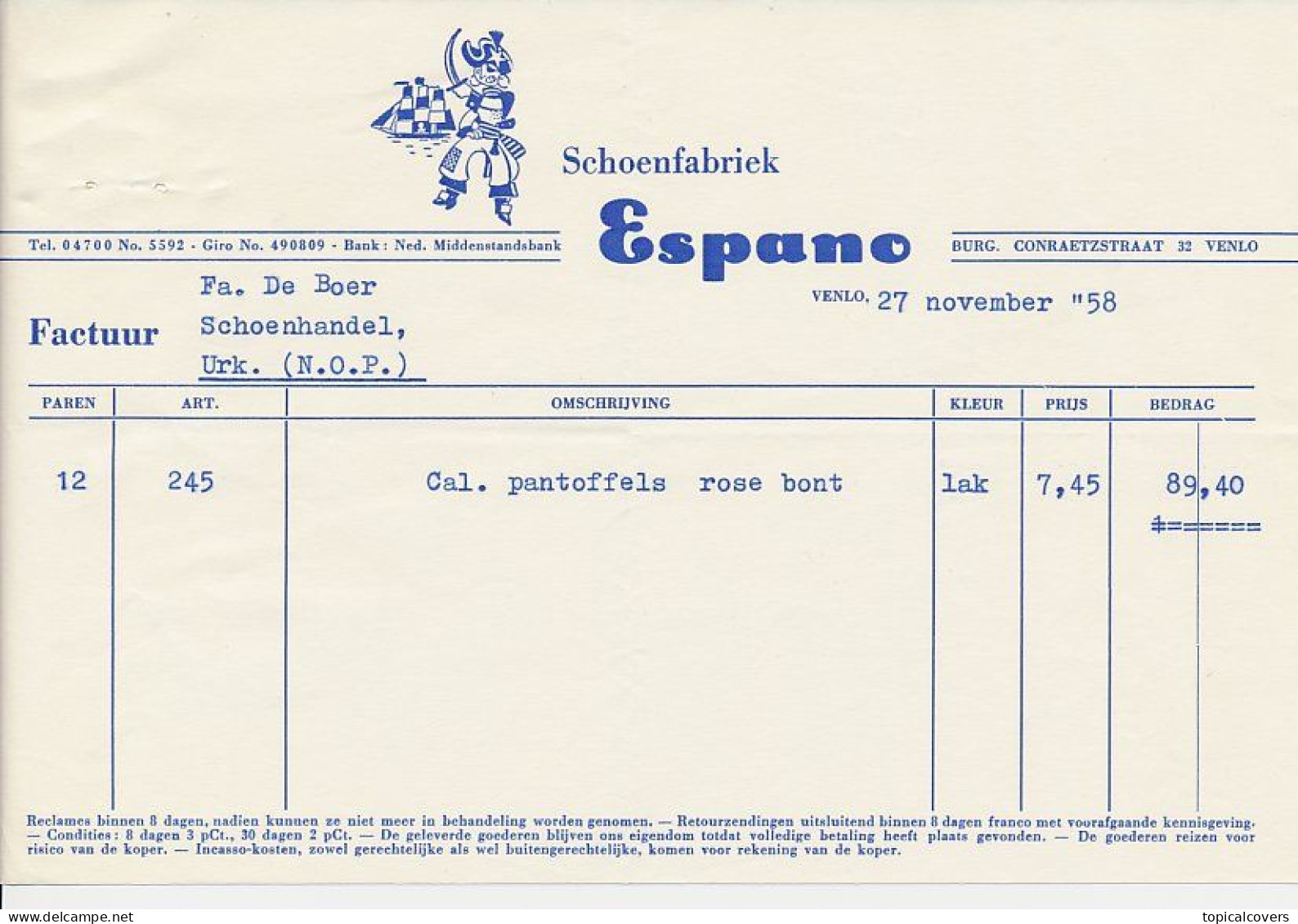 Venlo 1958 - Factuur / Rekening Espano  Schoenfabriek - Netherlands