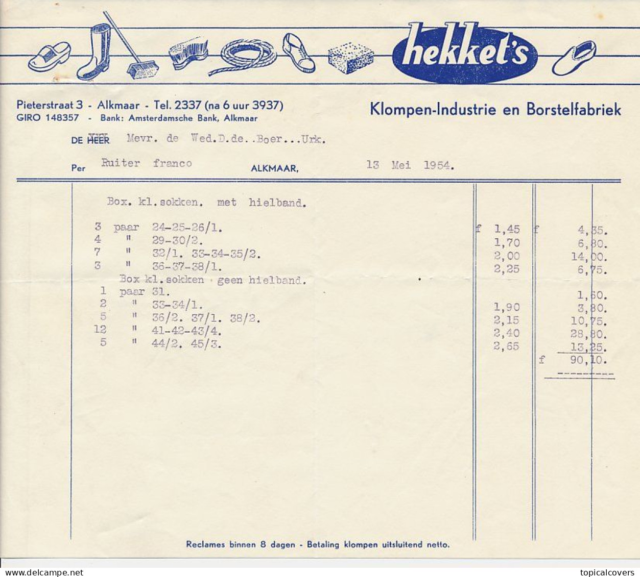 Alkmaar 1954 - Factuur / Rekening Hekket Klompen Industrie / Borstelfabriek - Netherlands