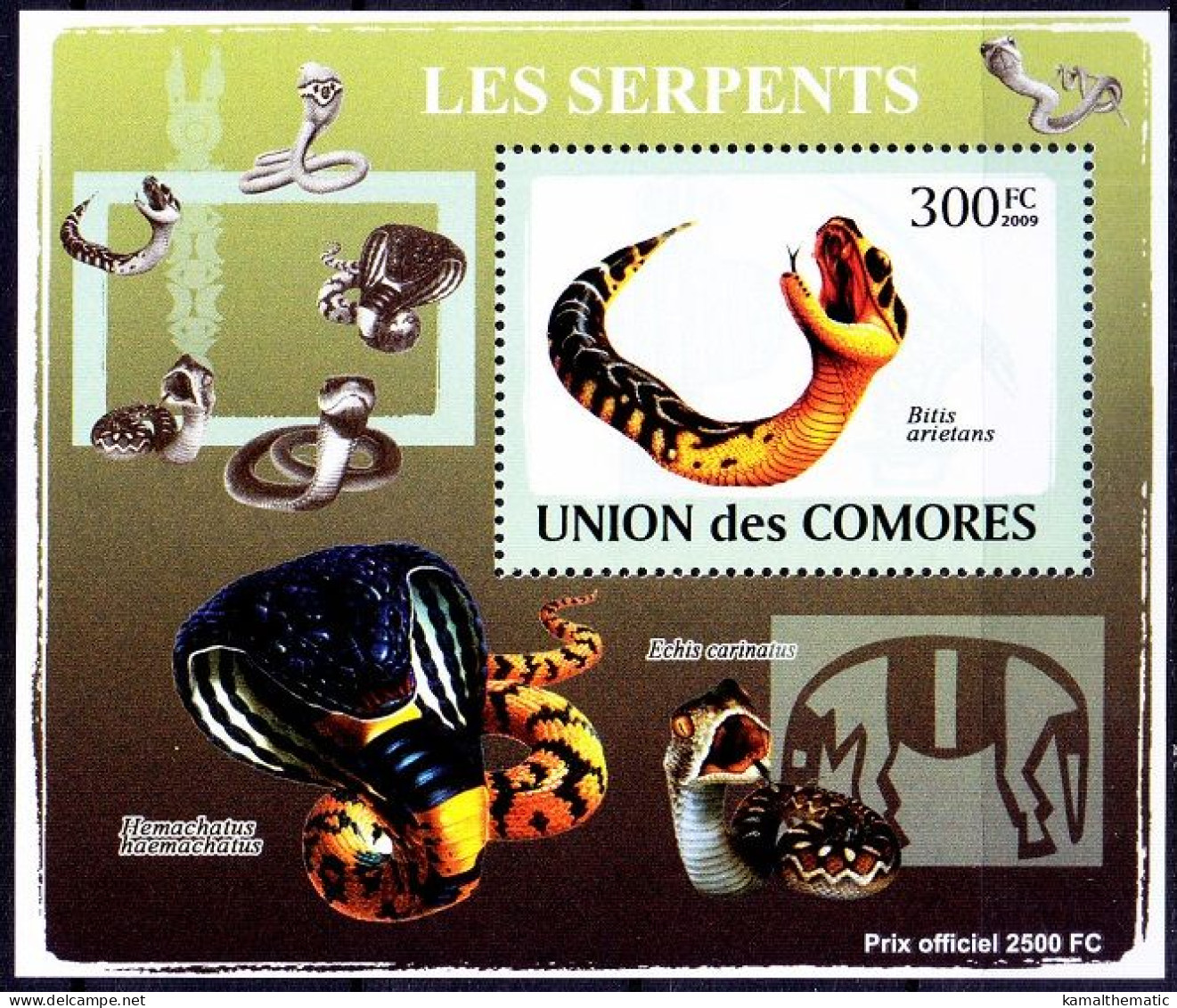 Bitis Arietans, Poisonous Viper, Snakes, Reptiles, Comoros 2009 MNH MS - Serpents