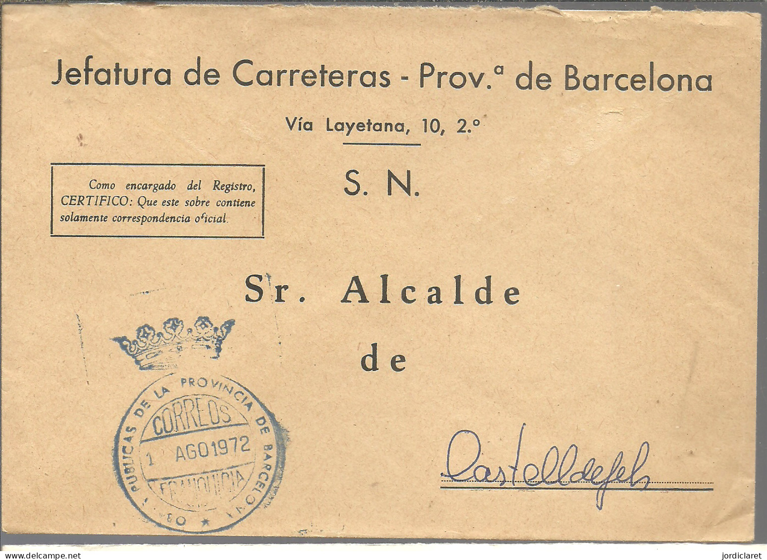 MARCA OBRAS PUBLICAS DE LA PROVINCIA DE BARCELONA 1972 - Postage Free