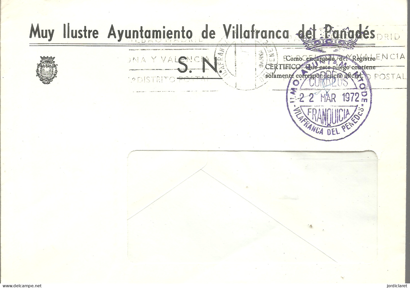 MARCA AYUNTAMIENTO DE VILAFRANCA DEL PENEDES1972 - Portofreiheit