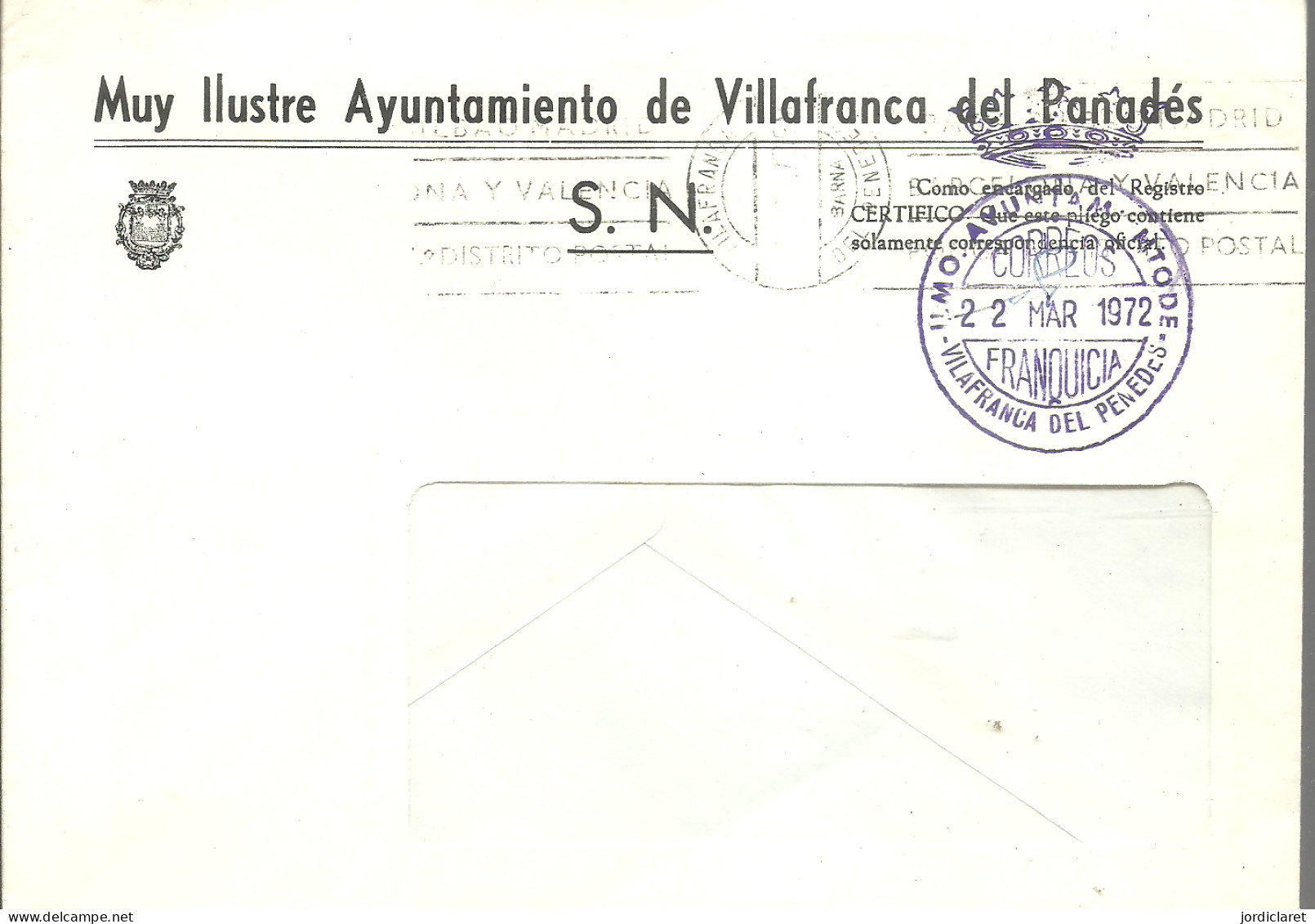 MARCA AYUNTAMIENTO DE VILAFRANCA DEL PENEDES1972 - Vrijstelling Van Portkosten
