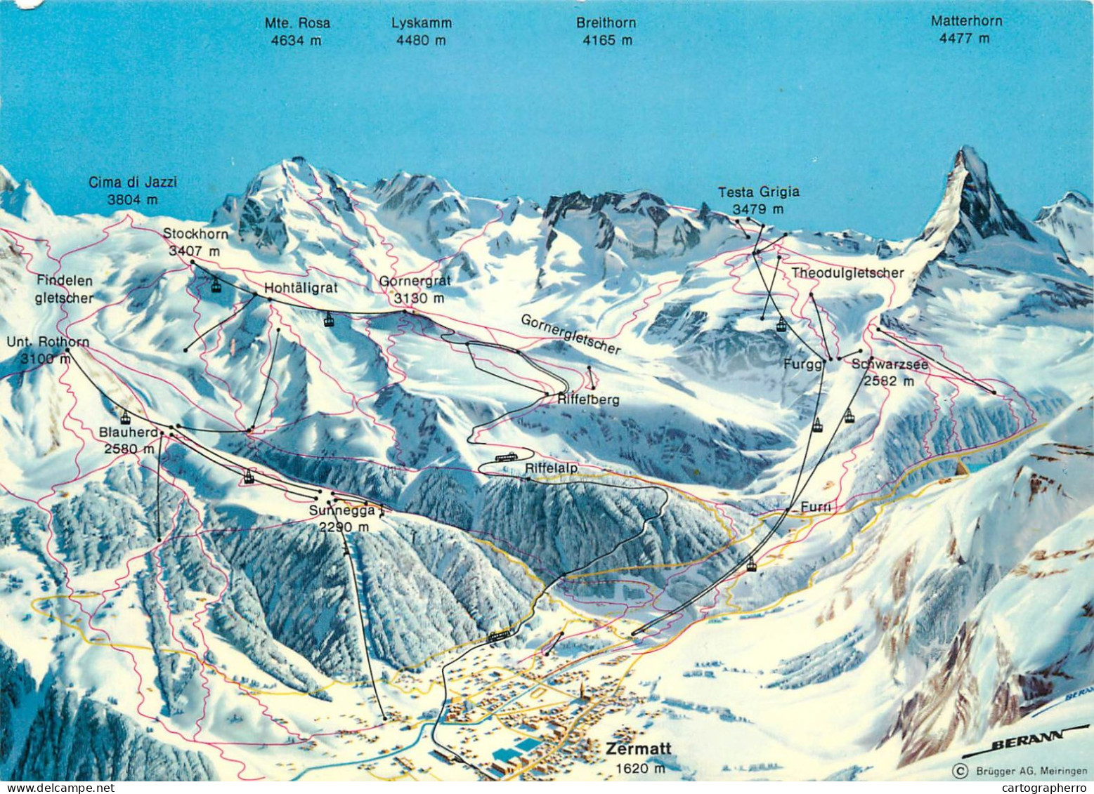 Switzerland Zermatt Wallis Lifts And Ski Slopes Map - Matt