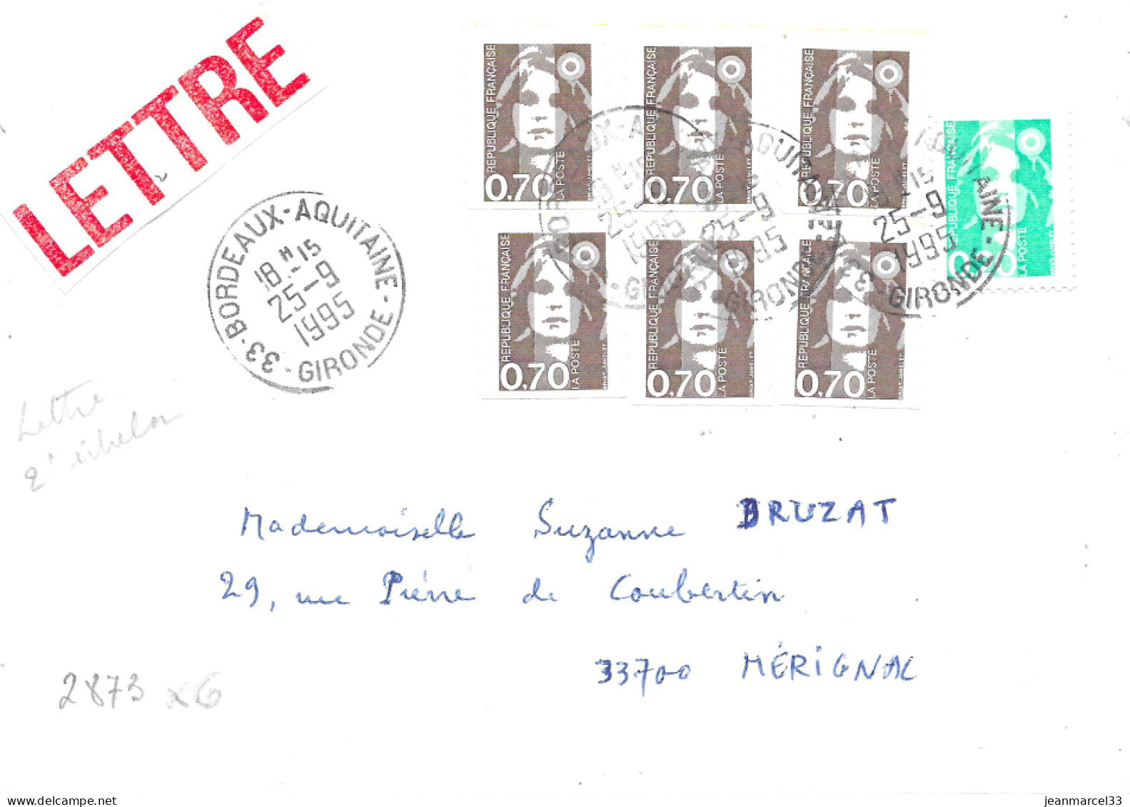 Variété Sur Lettre N° Yvert 2873 X 6 Oblitération Manuelle 33 Bordeaux-Aquitaine 25-9 1995 - Lettres & Documents