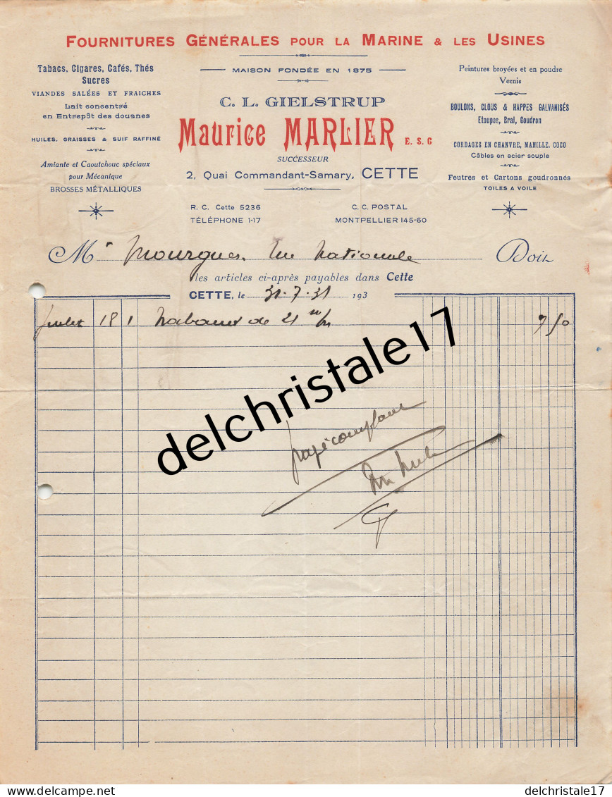 34 0399 CETTE HÉRAULT 1931 Tabacs Cigarettes Cafés Viandes Maurice MARLIER Succ GIELSTRUP Quai Cdt Samary à MOURGUES - Documentos