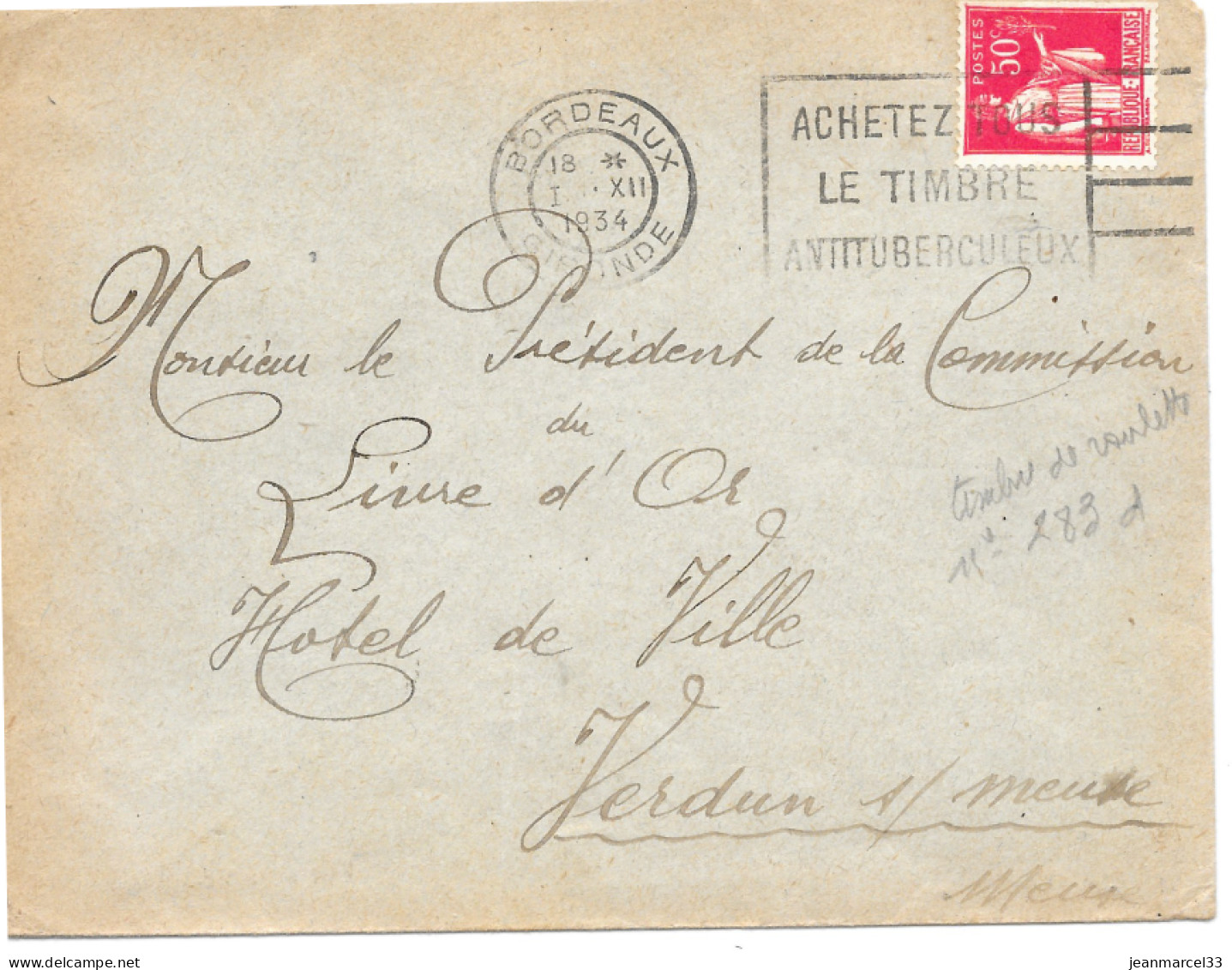 Variété Sur Lettre N° Yvert 283d Roulette Type IIB Oblitération Flier Bordeaux I.XII I934 - Briefe U. Dokumente