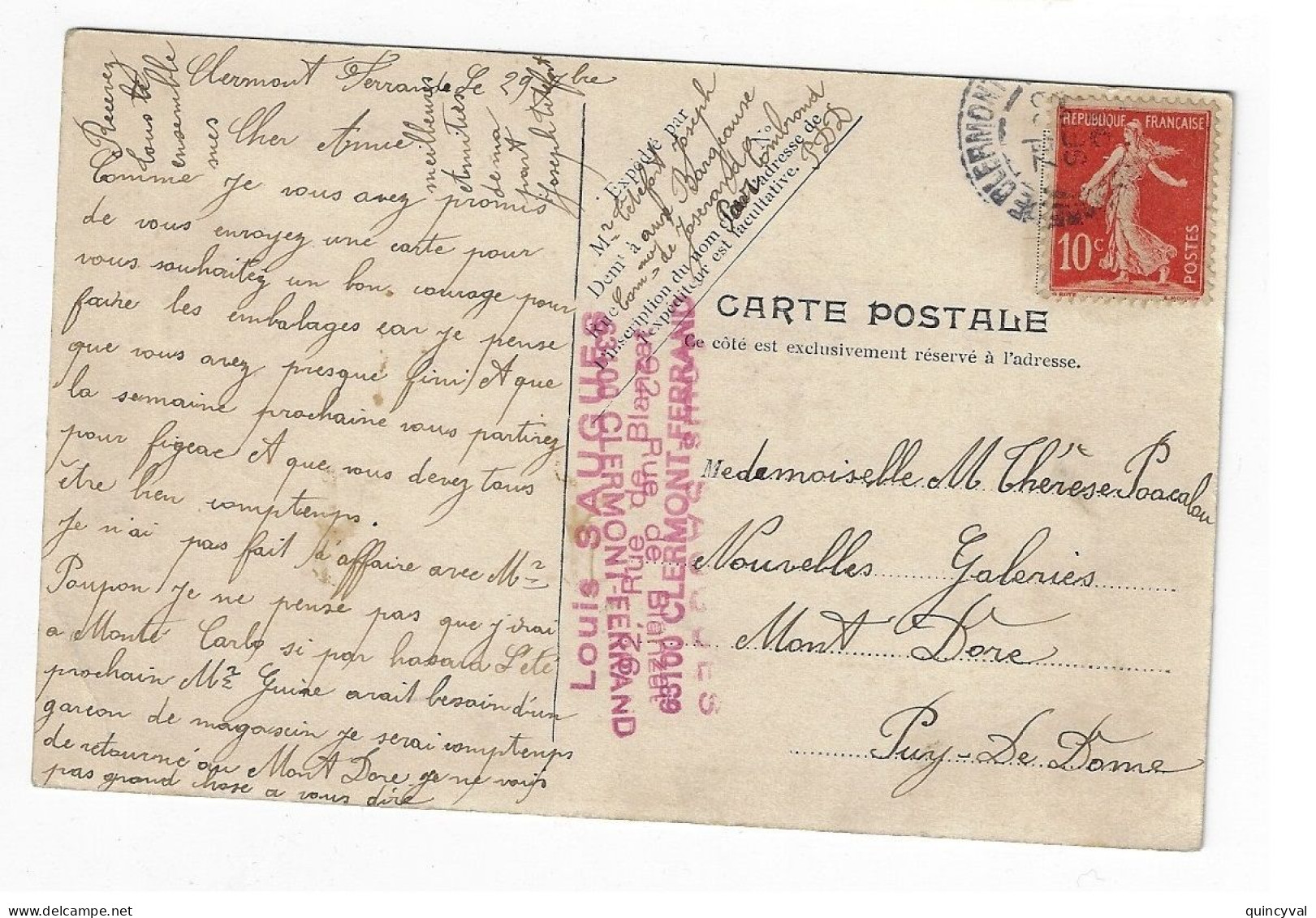 CLERMONT Puy De Dôme Carte Postale 10c Semeuse Avec Sol Yv 134 - 1906-38 Semeuse Con Cameo