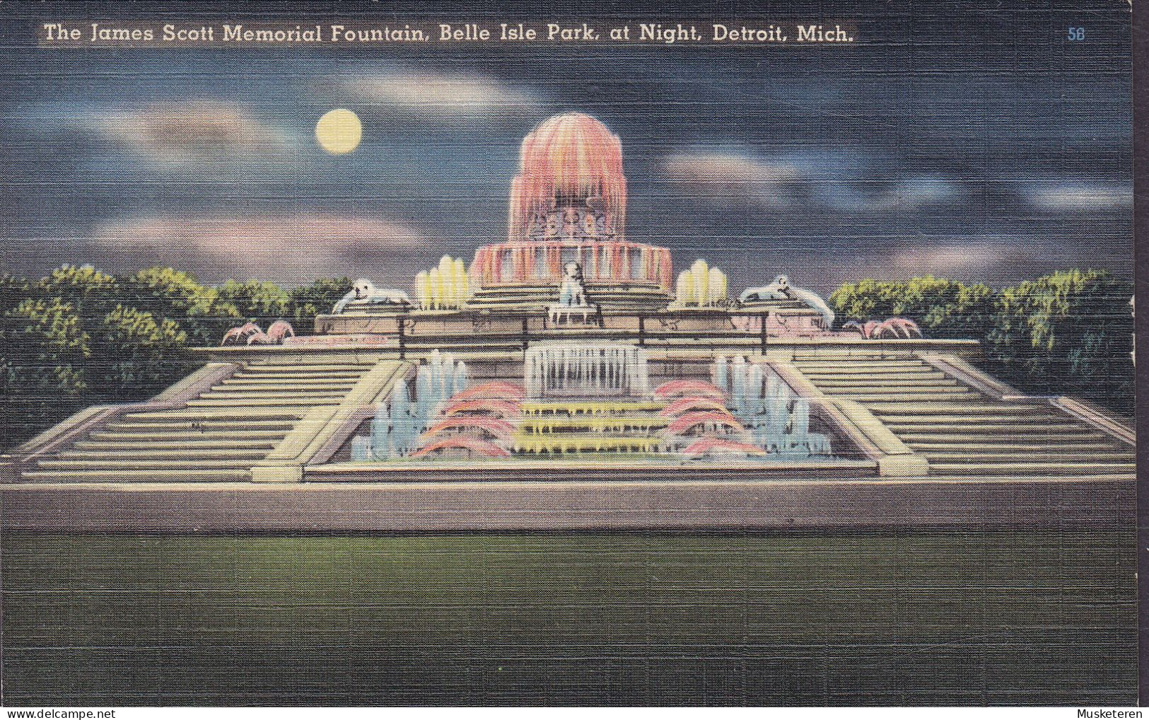 United States PPC The James Scott Memorial Fountain Belle Isle Park, At Night, Detroit, Michigan 'Tichnor Quality Views' - Detroit