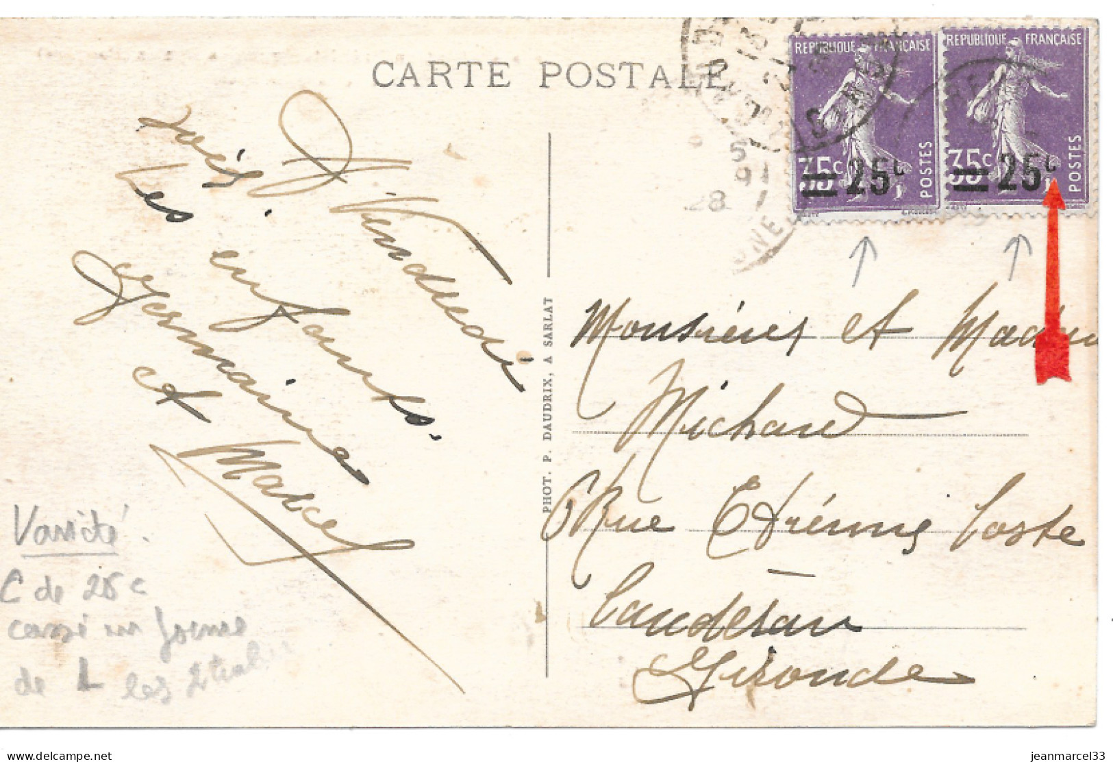 Variété Sur Lettre N° Yvert 218 Surcharge 25C/35 Semeuse C Cassé En Forme De L Sur Les 2 Timbres - Covers & Documents