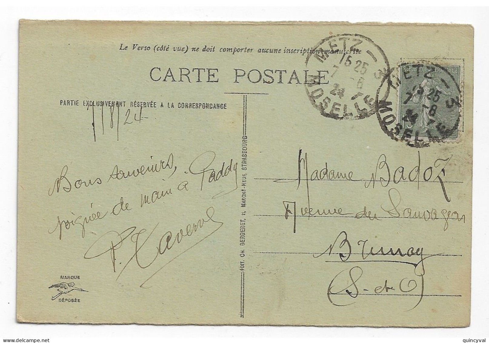 METZ-3  Moselle Carte Postale 15c Semeuse Lignée Yv 130 Ob 7 6 1924 - Cartas & Documentos