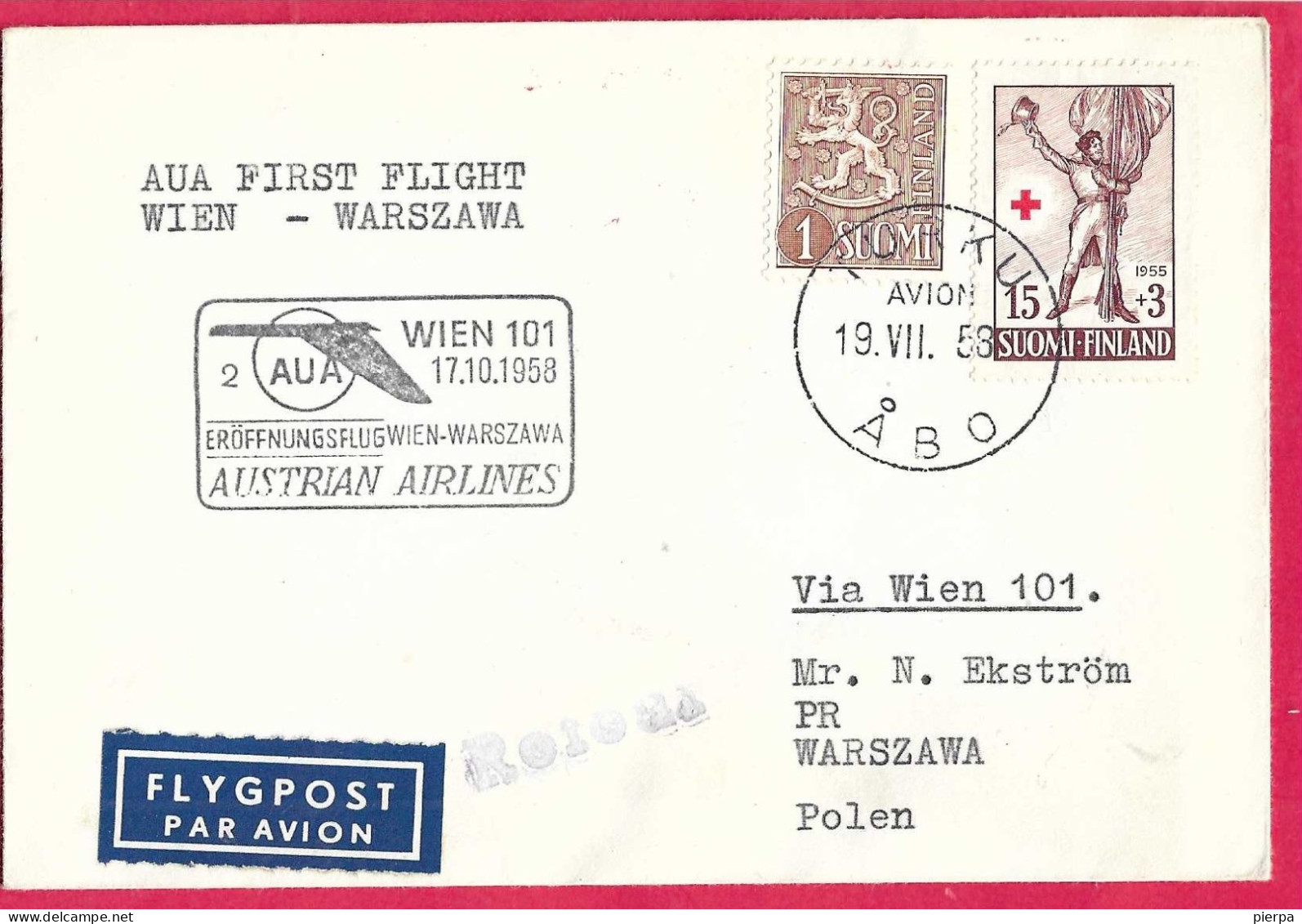 AUSTRIA - FIRST FLIGHT AUA FROM WIEN TO WARSZAWA *17.10.1958* - POSTA DALLA FINLANDIA - Erst- U. Sonderflugbriefe