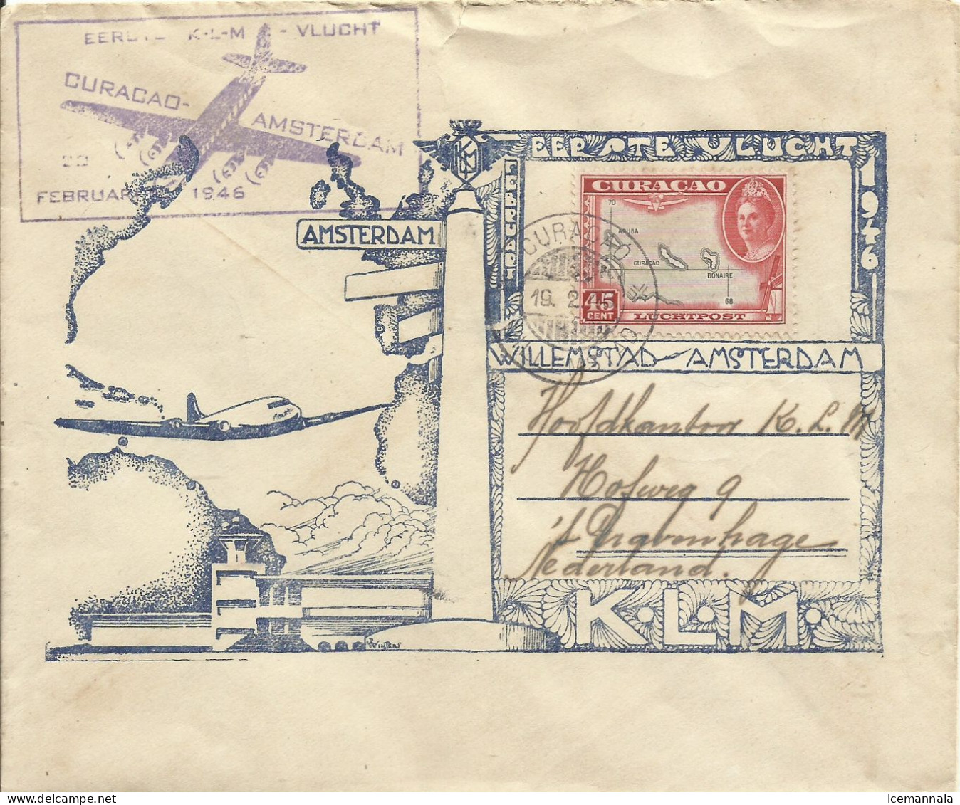 CURAZAO , CARTA CIRCULADA CON MATASELLOS AEREO ,  AÑO  1946 - Curaçao, Nederlandse Antillen, Aruba