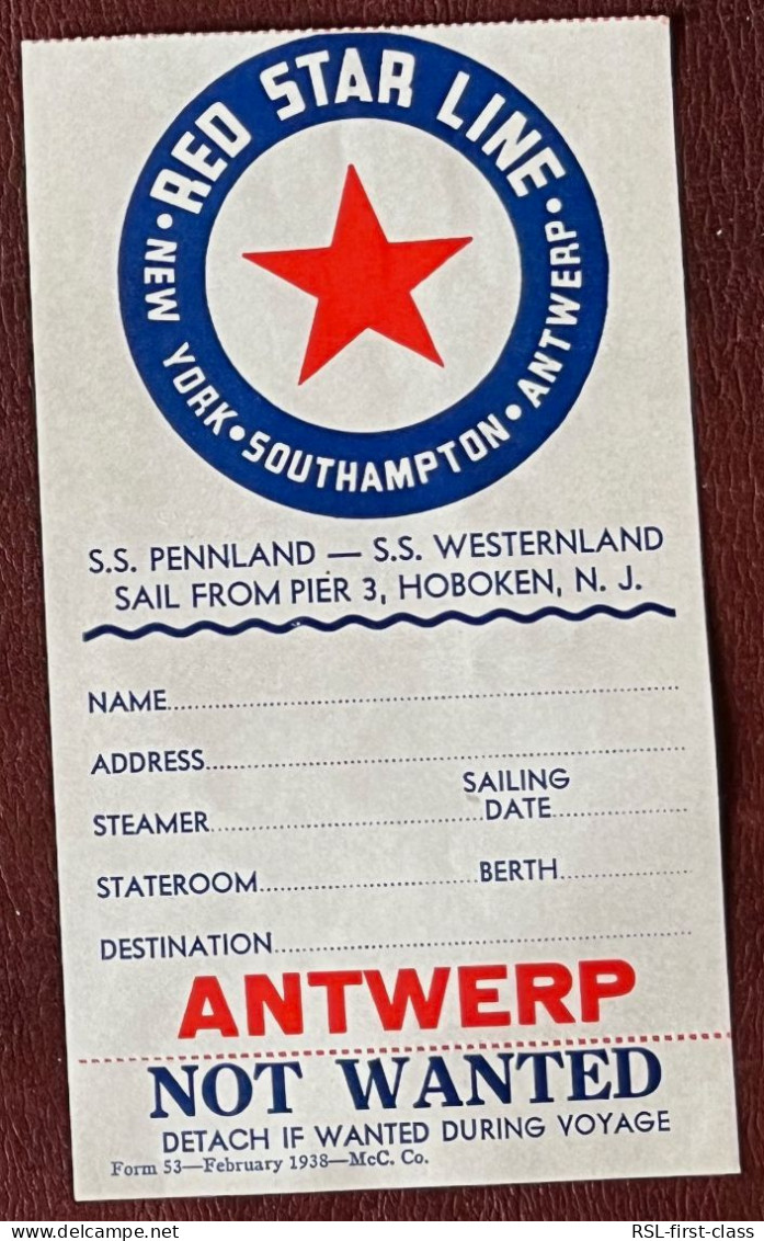 Baggage Trunk Label From NY To Antwerp "Not Wanted During Voyage", Red Star Line Antwerpen - World