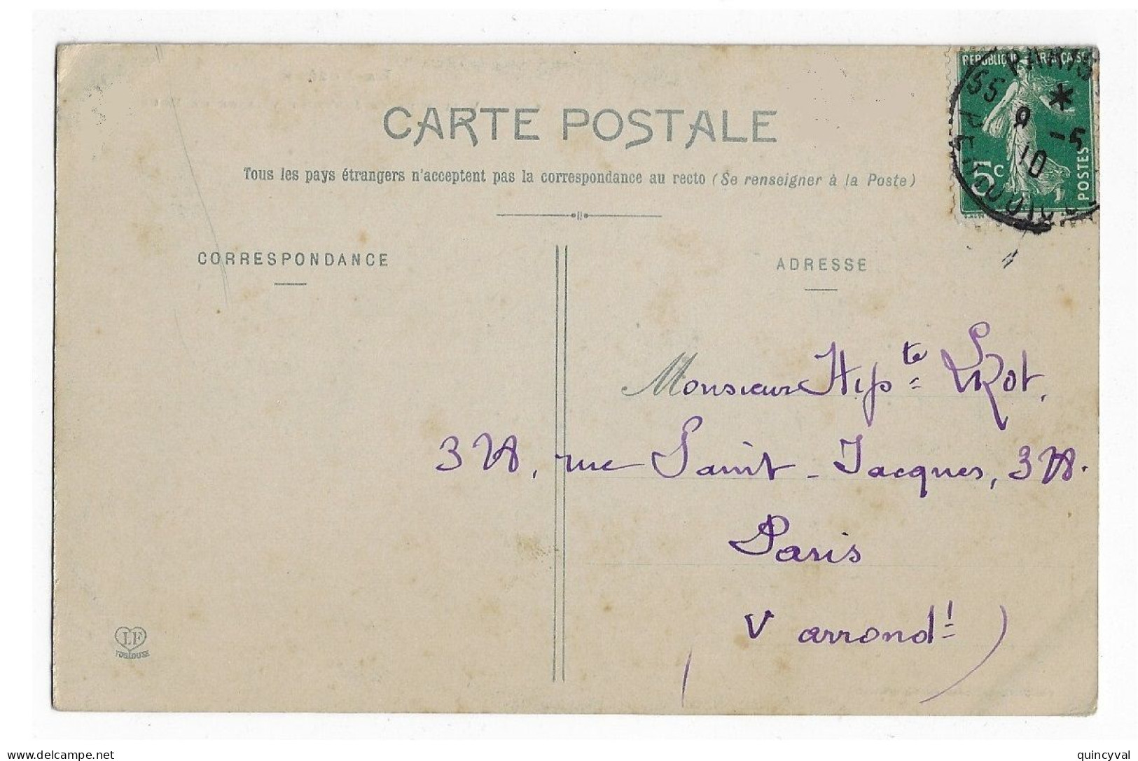 PARIS 55 PERIODIQUE Carte Postale 5c Vert Yv 137 Ob 9 5 1910 - Cachets Manuels
