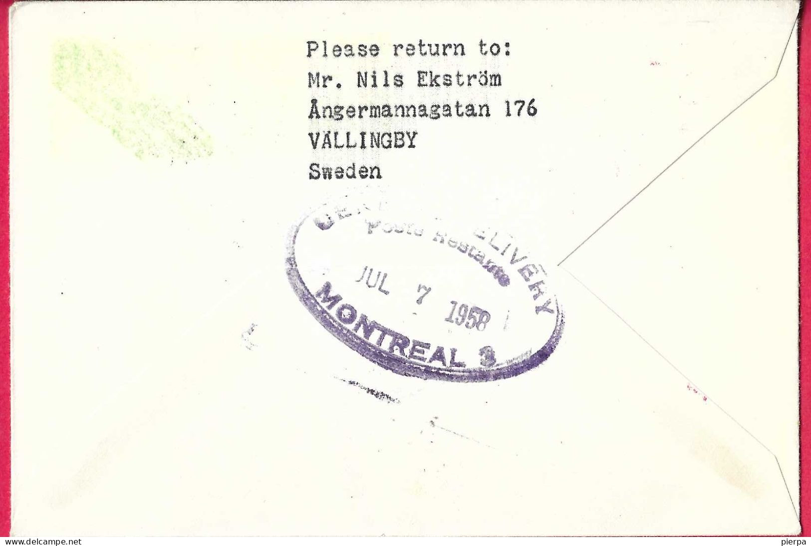 SVERIGE - FIRST REGULAR FLIGHT SAS FROM STOCKHOLM TO MONTREAL *4.7.1958* ON OFFICIAL COVER - Brieven En Documenten