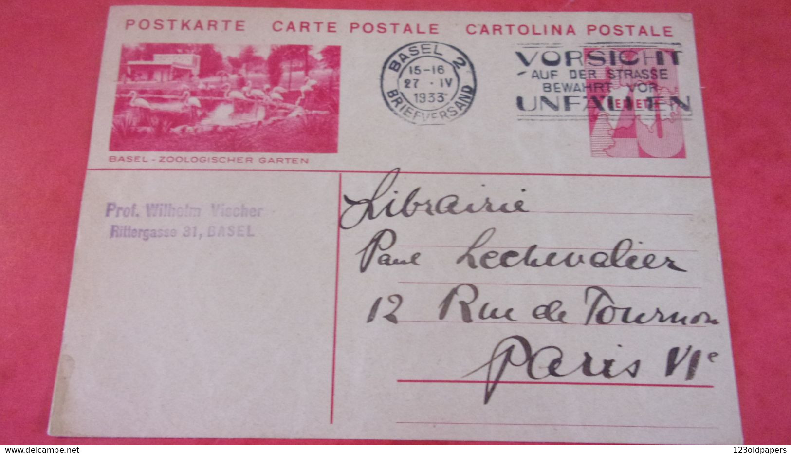 Envoi Autographe PROF WILHEIM VISCHER SUISSE PASTEUR THEOLOGIEN BASEL 1933 SUR ENTIER POSTAL BALE - Bazel