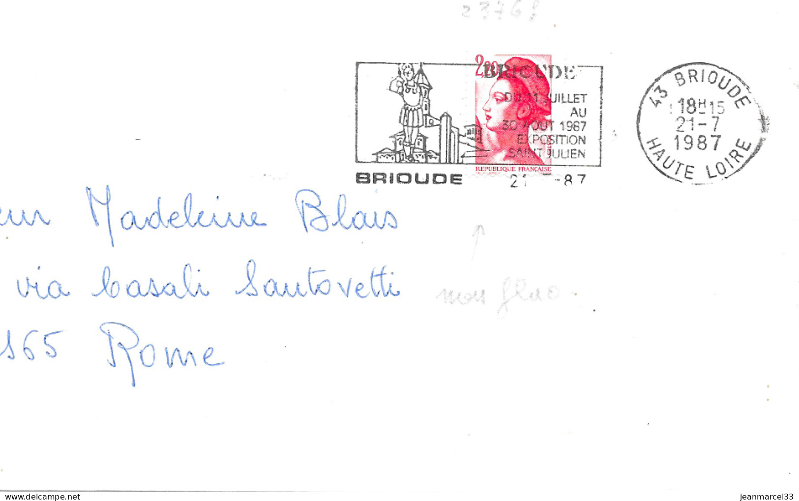 Variété Sur Lettre N° Yvert 2376f 2,20 Liberté Sans Bande De Phosphore Oblit. Flamme Secap 43 Brioude 21-7-87 - Storia Postale