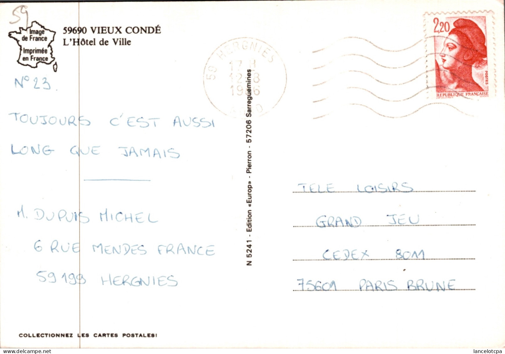 59 - VIEUX CONDE / L'HOTEL DE VILLE - AUTOS - Vieux Conde