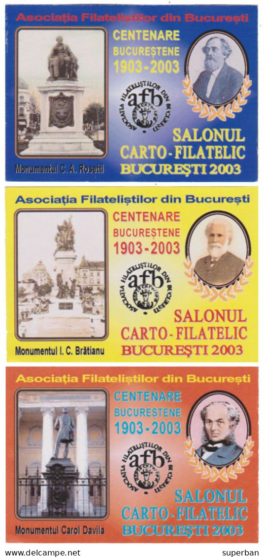 ROMANIA - CINDERELLA : SALONUL CARTO-FILATELIC BUCURESTI - CENTENARE BUCURESTENE 1903 - 2003 - SET De 3 VIGNETE (ak837) - Fiscale Zegels