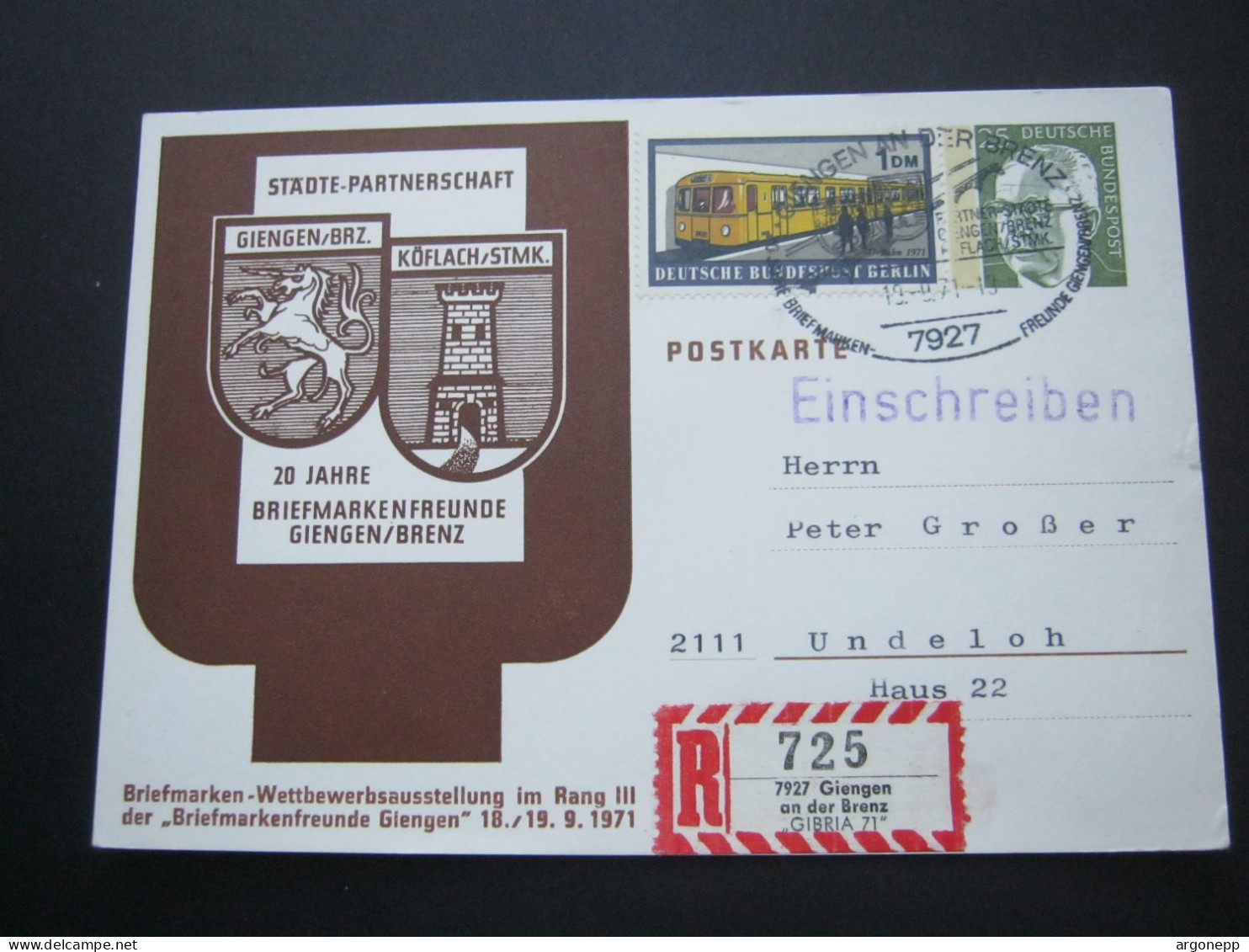 1971 , 25 Pfg. Heinemann Privatganzsache Als Einschreiben Aus Giengen - Private Postcards - Used