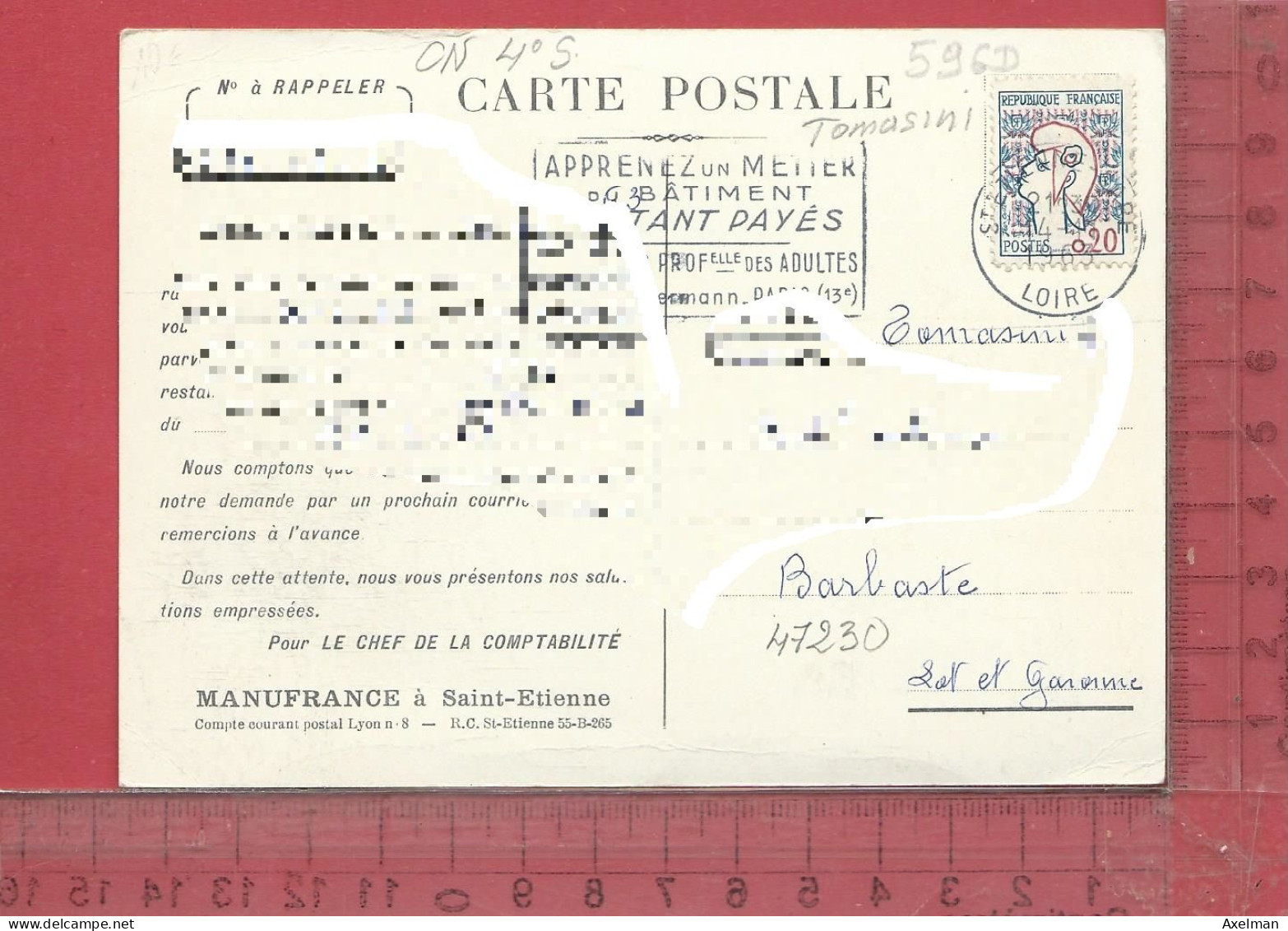 CARTE NOMINATIVE :  TOMASINI  à  47230  Barbaste - Genealogie